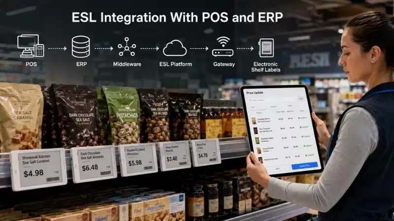 POS ಮತ್ತು ERP ಯೊಂದಿಗೆ ಎಲೆಕ್ಟ್ರಾನಿಕ್ ಶೆಲ್ಫ್ ಲೇಬಲ್ ಏಕೀಕರಣ: API ಗಳು, ಡೇಟಾ ಮ್ಯಾಪಿ...