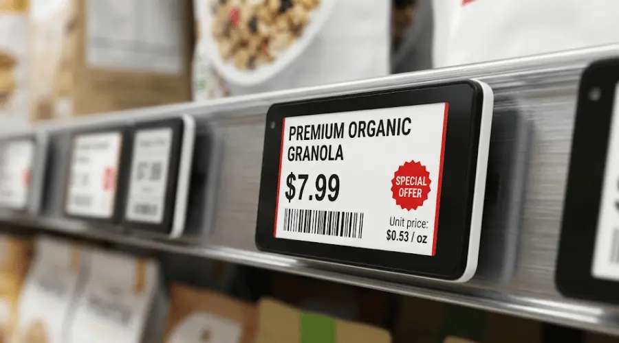 Close-up view of e-ink electronic shelf labels showing product price and promotional information
