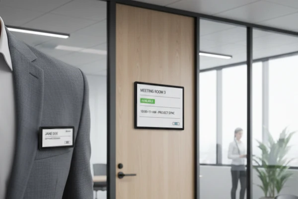 Corporate Digital Badge and Room Sign - ESL for Office Management Digital employee badge and meeting room door sign powered by ESL display technology